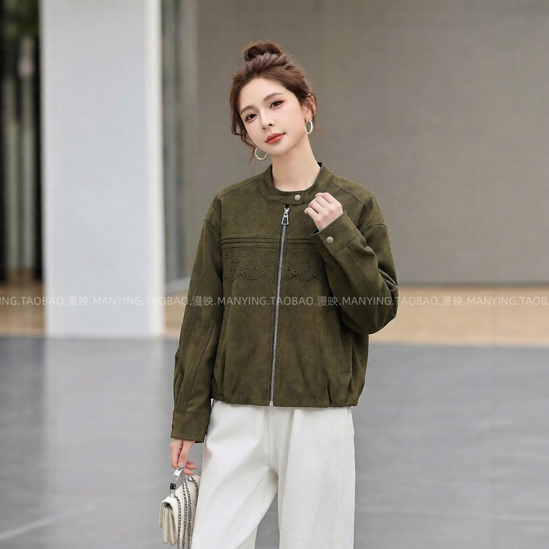 Suede Army Green Spring and Autumn Short Jacket for Women 2026 Casual Jacket Long-Sleeve Versatile Coat Trendy Top