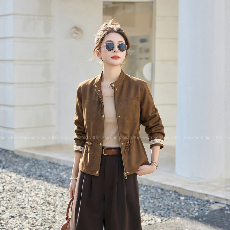 Brown Suede Short Jacket for Women, Spring and Autumn 2026, Casual Stand Collar, Waist-Cinching, Zipper, Long-Sleeve Top, Trendy Coat
