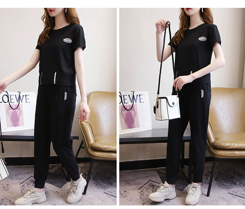 Модный черный летний комплект, штаны для отдыха, свободный крой, в западном стиле