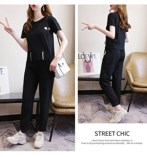 Модный черный летний комплект, штаны для отдыха, свободный крой, в западном стиле