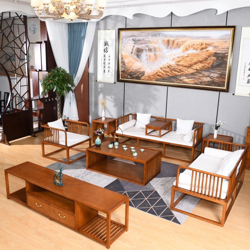 New Chinese solid wood sofa combination tea house hotel model room club house homestay simple living room fabric sofa combination
