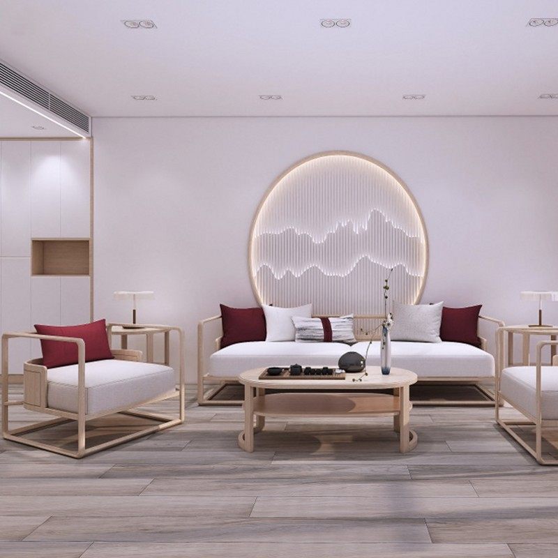 New Chinese style solid wood sofa log color modern minimalist Zen combination solid wood fabric sofa B&B hotel club