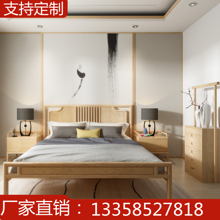 New Chinese-style solid wood bed double bed modern minimalist villa hotel B&B 1 5 meters 1 8 master bedroom king bed furniture