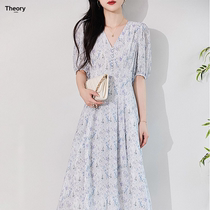 JIL BASH French new lining silk cotton tea break French chiffon floral dress V-neck holiday long skirt