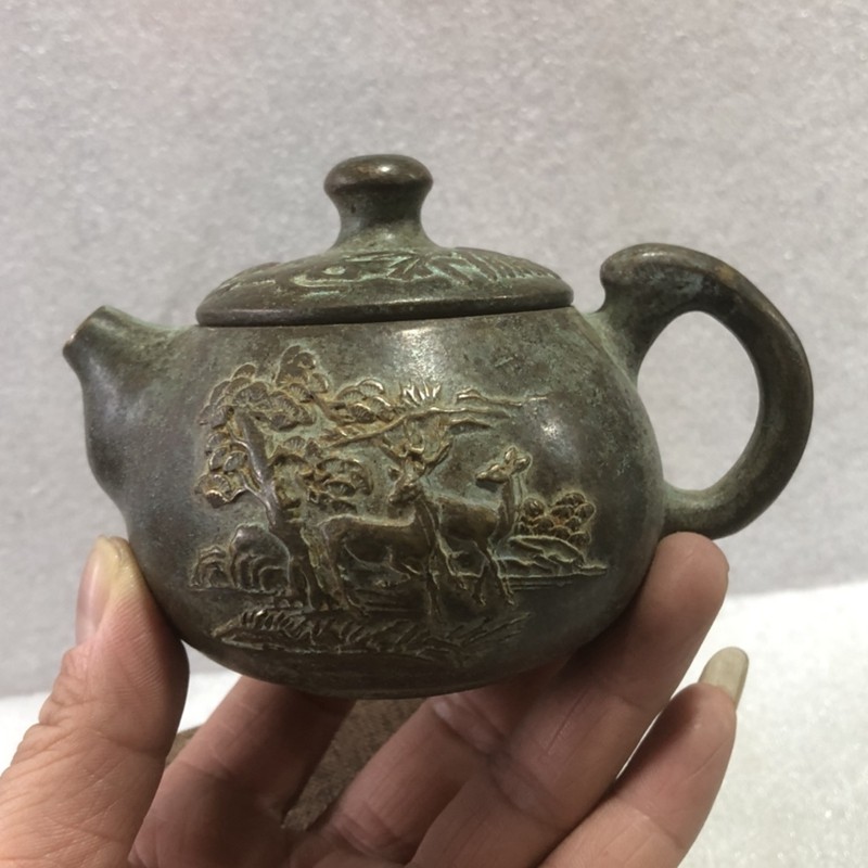 Antique Miscellaneous Bronze Collection Copper Pot Fawn Wine Pot Tea Pot Old Wine Pot Home Craft Copper Pot Decoration