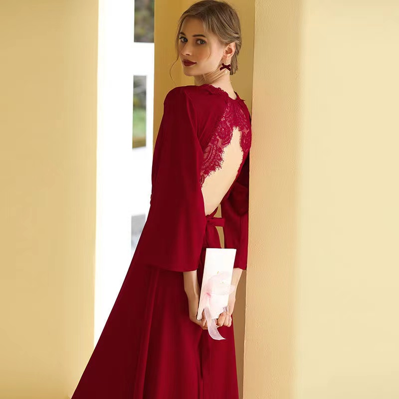 Wedding dress, long sexy pijama for bride, advanced red bridesmaid dress, autumn bathrobe, backless, french style, high-quality style