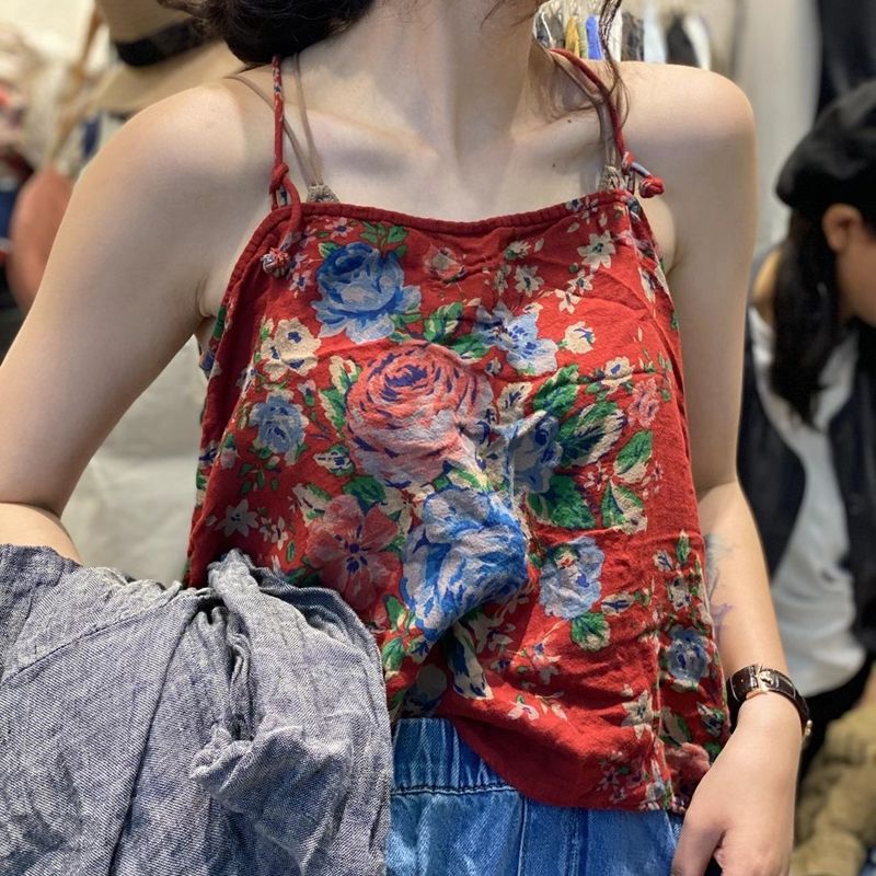 Retro disc buckle adjustable in personality Inner Lap Original Art Summer National Wind Peony printed linen harness-Taobao