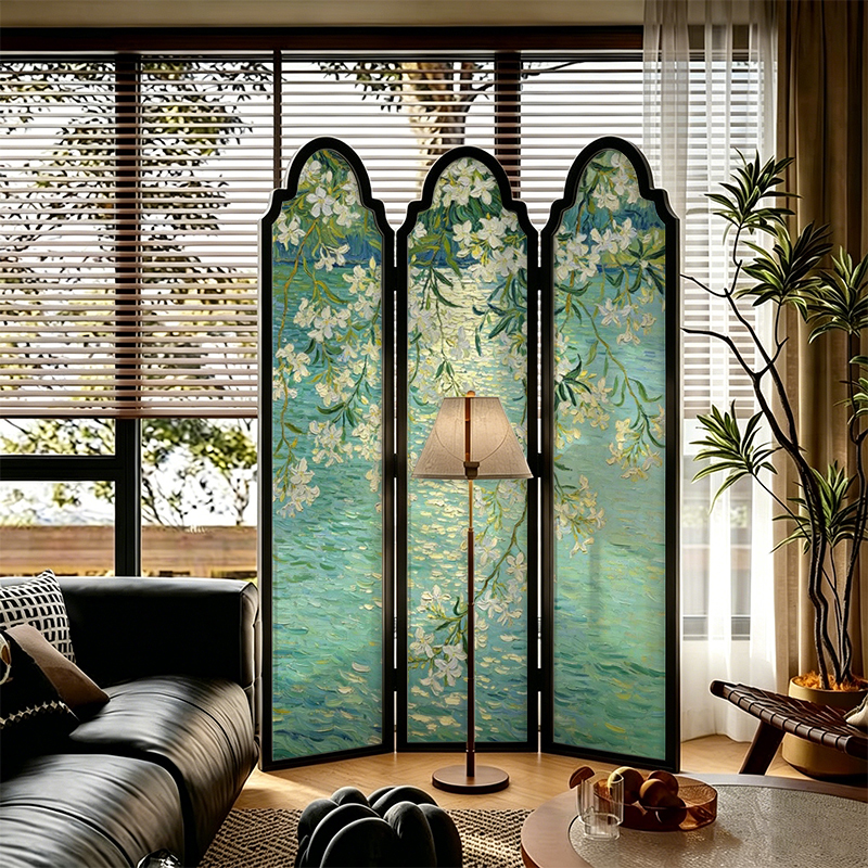 French-Style Vintage Blue-Green Water Landscape and White Flower Painting Solid Wood Screen for Living Room, Entryway, Bedroom, Movable Folding Decorative Partition
