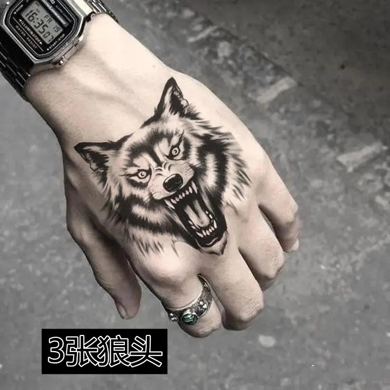 Hand Back Grey Wolf head Tattoo Sticker Waterproof Male Creative Totem Breast front wolf Persistent Emulation Tattoo tattooed Tattoo Sticker