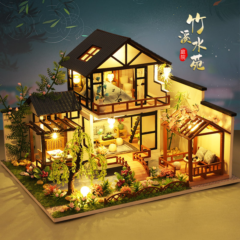 Chinese-Style Bamboo Creek Water Rhyme DIY Small House Villa Handmade House Assembly Model Creative Birthday Gift for Female Friends