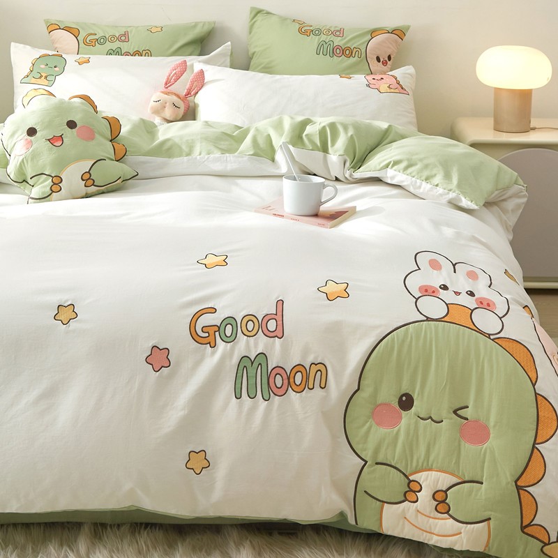 ins four pieces of pure cotton full cotton 100 Dormitory Bed Three Sets Ladies Cute Bed Linen Summer Children Cartoon Quilt-Taobao