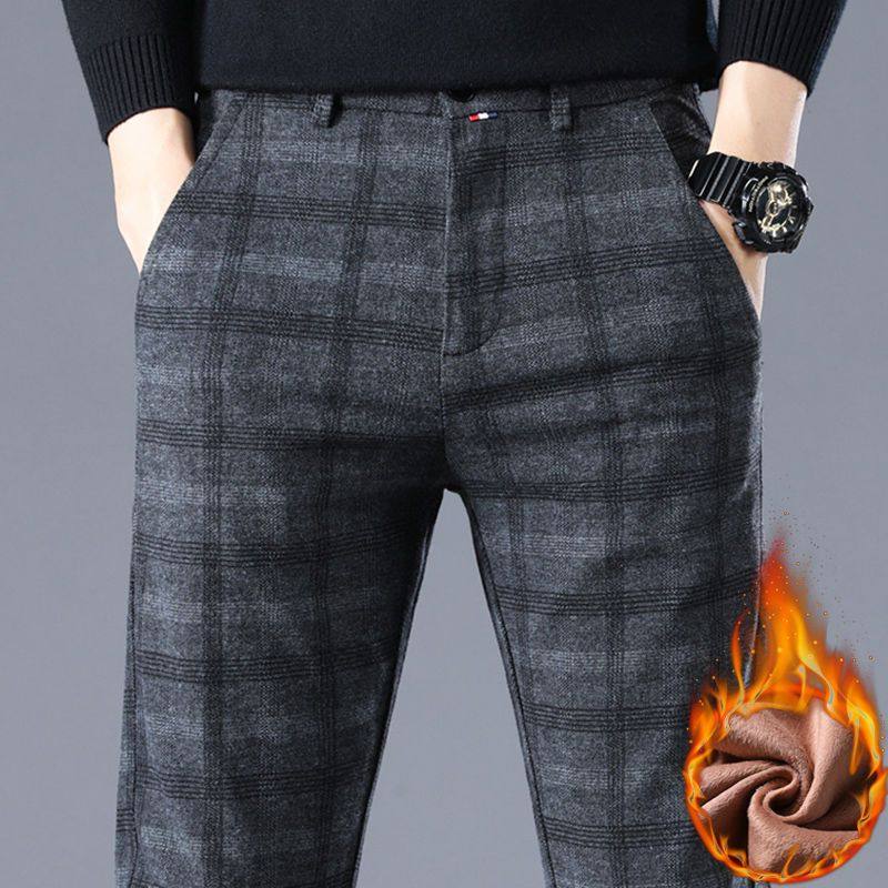 Winter Mill Fur Casual Pants Straight Silo Plus Suede Thickening Long Pants Male elastic Fashion Senior Inn Plaid Pants Thick-Taobao