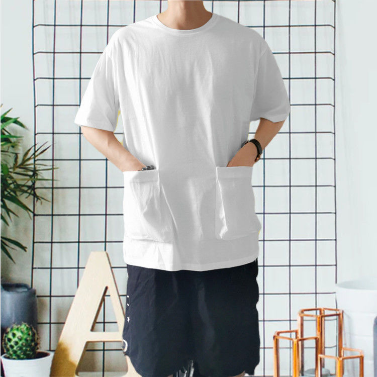Summer Harajuku Style Flap Pocket Pants Design Short-Sleeved T-Shirt Men's Summer Round Neck Loose Three-Quarter Sleeve Pure Color Versatile Personalized Half-Sleeve