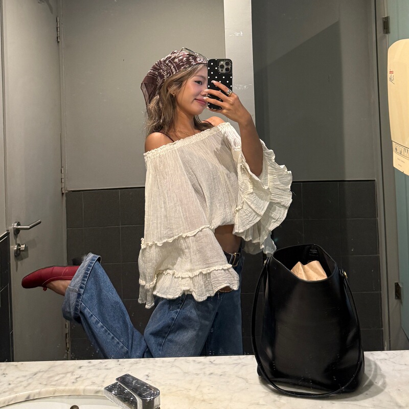 Magicpark Romantic Date Bohemian Style Loose Flared Sleeve Off-Shoulder Two-Way Top Cover-Up