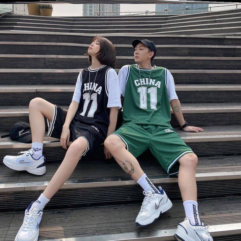 Irwin jersey lovers' loose Korean version trendy hip hop male and female short sleeve pants student basketball suit fake two suits