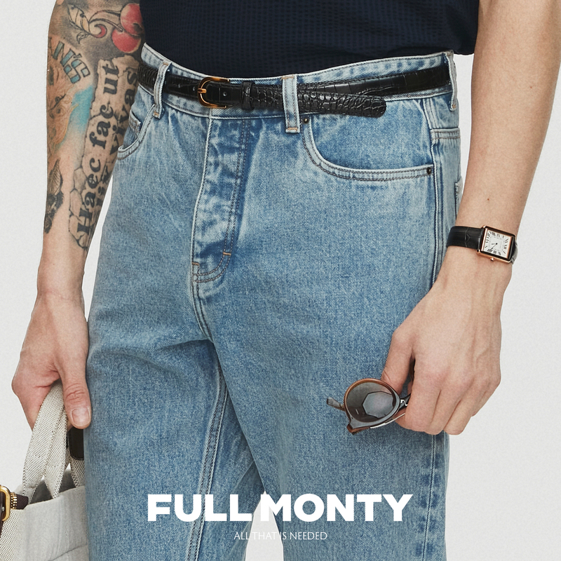 Full Monty High-Waisted Washed Jeans Men's Slim Straight Casual Pants Selvedge Denim Trousers Spring and Autumn
