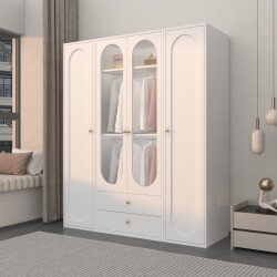 French-Style Cream-Colored Steel Wardrobe with Double Doors for Home Use in the Bedroom, Metal Wardrobe with Large Capacity for Storage, Simple Design