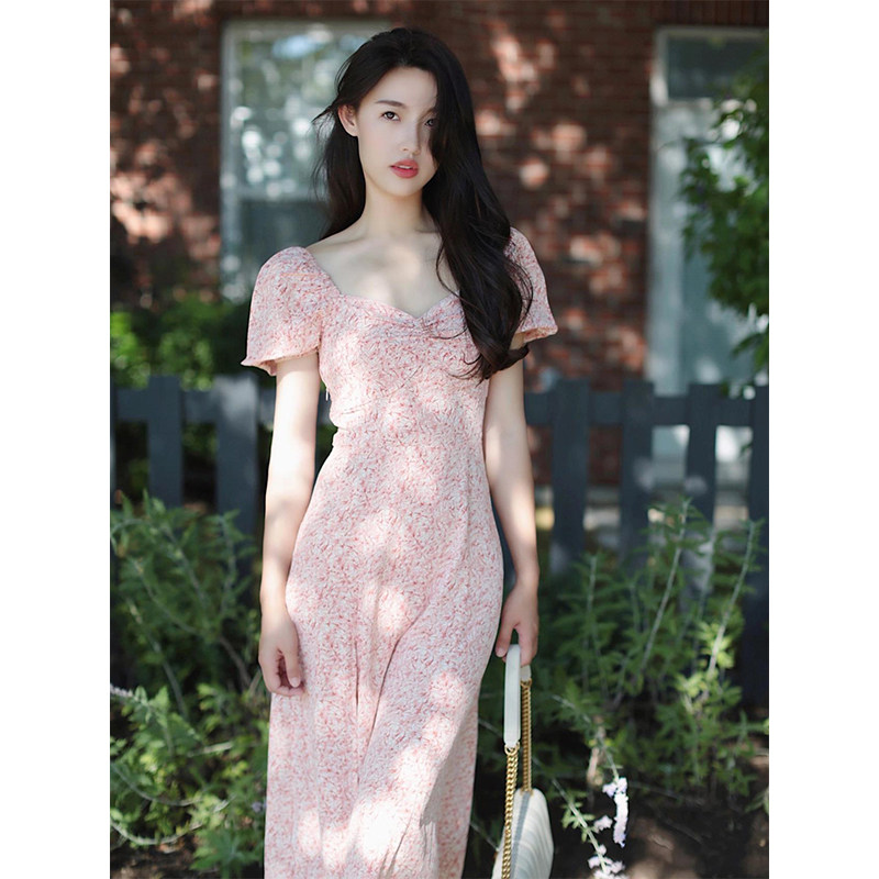 2022 new law-style first love comeback retro gentle cashew pink square collar crushed floral dress children summer niche design