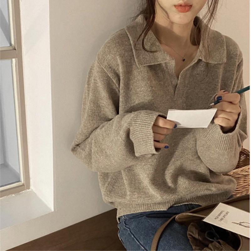 Polo Collar Sweater for Women, Autumn and Winter, Can Be Worn Inside or Outside, Retro Lazy Style, Loose Cashmere V-Neck Knitwear, Lapel Top