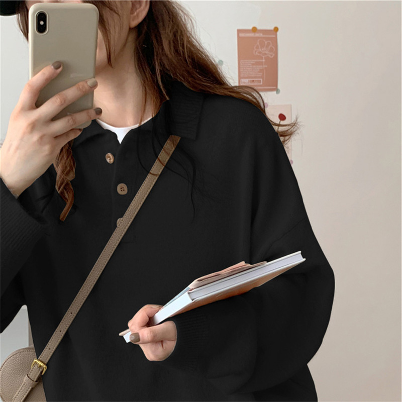 Black Sweater for Women, Autumn and Winter Outerwear, Stylish Polo Collar Top, Casual Loose Fit, Drop Shoulder, Long Sleeve, Turn-Down Collar Knitwear Black Sweater for Women, Autumn and Winter Outerwear, Stylish Polo Collar Top, Casual Loose Fit, Drop Shoulder, Long Sleeve, Turn-Down Collar Knitwear
