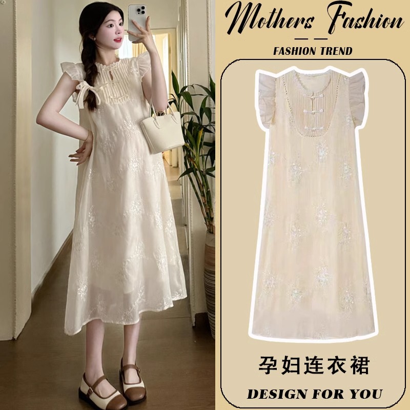 Maternity Dress Summer 2026 New Style New Chinese Style National Style Embroidery Loose Sweet Flutter Sleeve Mid-Length Dress Maternity Dress Summer 2026 New Style New Chinese Style National Style Embroidery Loose Sweet Flutter Sleeve Mid-Length Dress