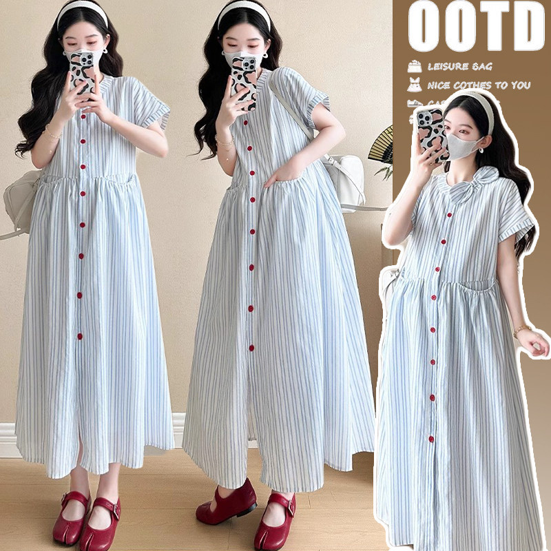 Maternity Summer Dress 2026 New Style Pregnancy Wear Belly-Covering Striped Shirt Dress Summer Maternity Dress for Women Maternity Summer Dress 2026 New Style Pregnancy Wear Belly-Covering Striped Shirt Dress Summer Maternity Dress for Women