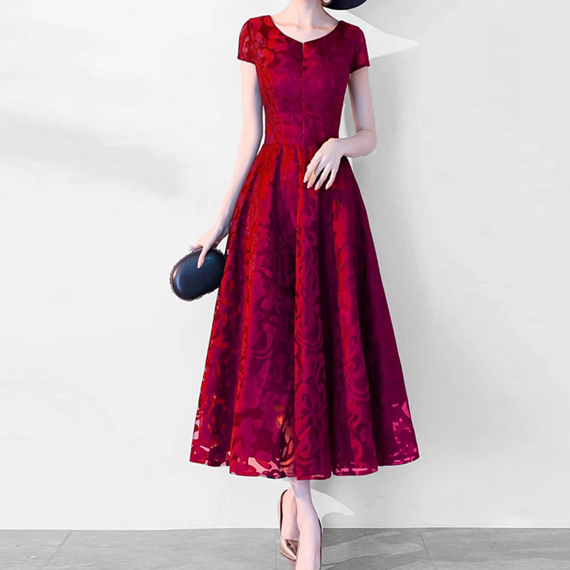 Gifishlow hong kong light luxury fashion elegant high-end burgundy evening  dress - slim fit, figure-flattering,