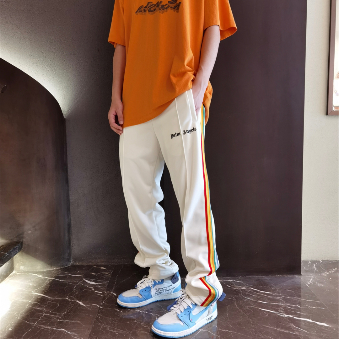 High Street Color Rainbow Stripe Side Elastic Waist Pants Zipper Slit Straight Leg Loose Wide Leg Sports Casual Pants Men's Fashion