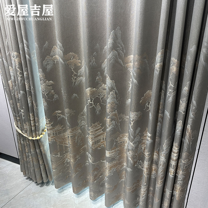 New High-Precision Light Luxury New Chinese Style Curtains Modern Minimalist Landscape Milk Tea Blue Bedroom Living Room Bay Window Blackout