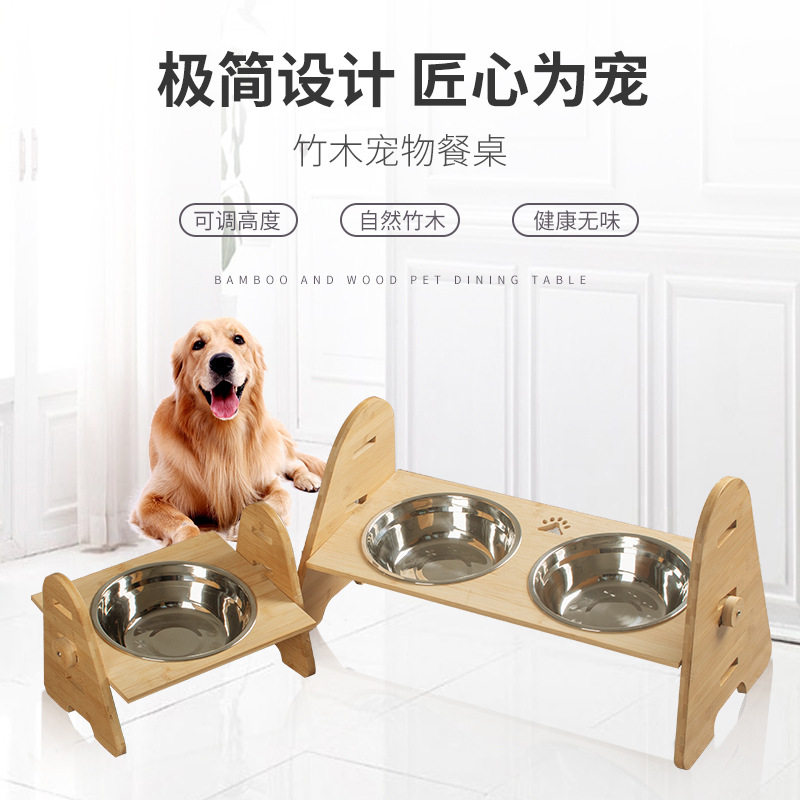 (A Generation Hair) Pet cat Cat Food Basin Double Bowl Ceramic Cat Rice Bowl and Wooden Frame Feeding Pet Three Bowls