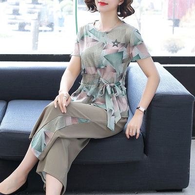 单/套装 胖MM妈妈装夏季大码短袖雪纺上衣阔腿裤两件套套装女