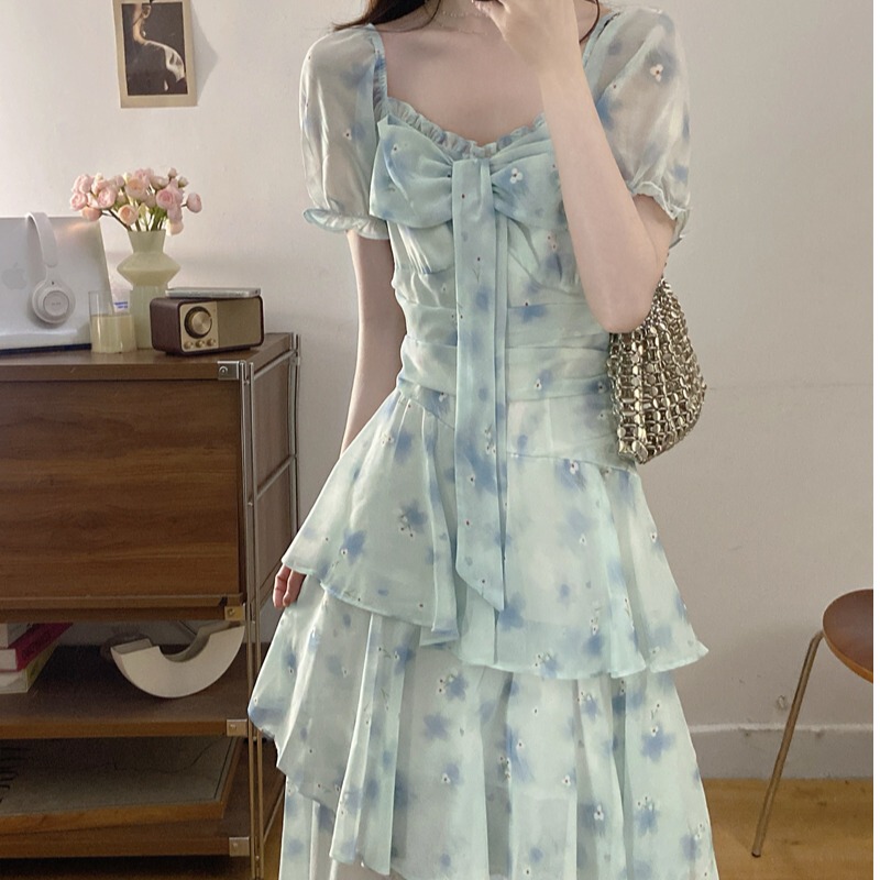 French-Style Blue Floral Irregular Long Dress Plus Size 2026 Summer Super Popular Age-Reducing Very Pretty Dress for Women
