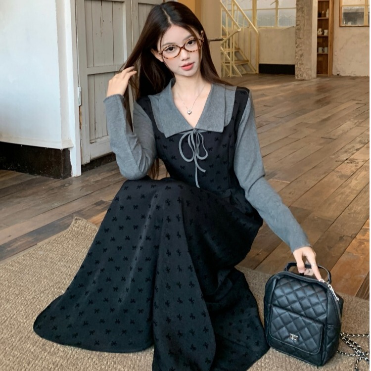 Hepburn-Style Long-Sleeved Black Dress 2026 Autumn New Plus-Size Slightly Chubby Preppy Style Base Knit Long Dress for Women