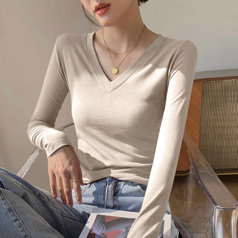 Pure Cotton V-Neck Long-Sleeve T-Shirt for Women, Autumn and Winter Slim-Fit Apricot Color Slimming Top, Regular Shoulder T-Shirt, Pure Desire Inner Layer Base Shirt