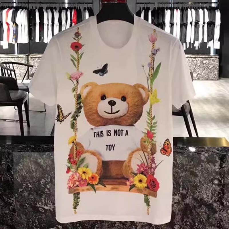 Hong Kong Trendy Brand Bear Print T-Shirt for Women, Summer European Style, Large Size, Pure Cotton Short-Sleeve Top, Couple Outfit