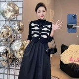 Черный трикотажный весенний лонгслив, длинная юбка, подходит для подростков, 2025 года, городской стиль, французский стиль