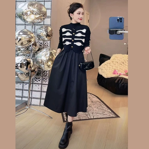 Черный трикотажный весенний лонгслив, длинная юбка, подходит для подростков, 2025 года, городской стиль, французский стиль