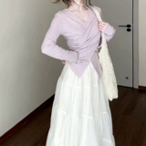 Сиреневый весенний лонгслив, длинная юбка, комплект, французский стиль, подходит для подростков