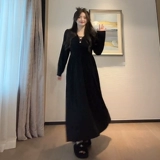 Черный весенний лонгслив, приталенный корсет, длинная юбка, французский стиль, V-образный вырез, городской стиль