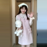 Розовое шерстяное демисезонное платье, мини-юбка, комплект, французский стиль, подходит для подростков