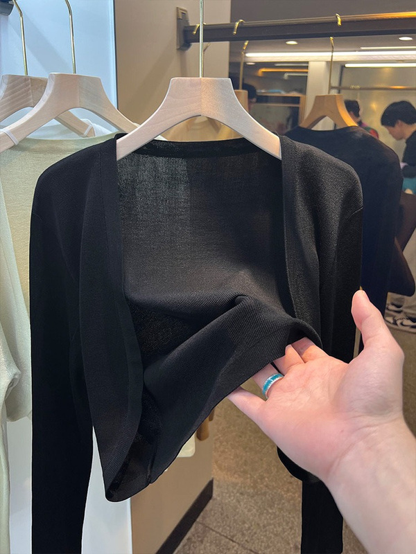 Black Thin Ice Silk Knitted Sun Protection Cardigan for Women, Summer Camisole Outerwear, Short Shawl Jacket