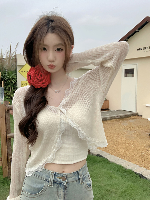 White V-Neck Lace-Trimmed Ice Silk Sun Protection Cardigan for Women, Thin Summer Camisole Outerwear, Sheer Jacket, Shawl