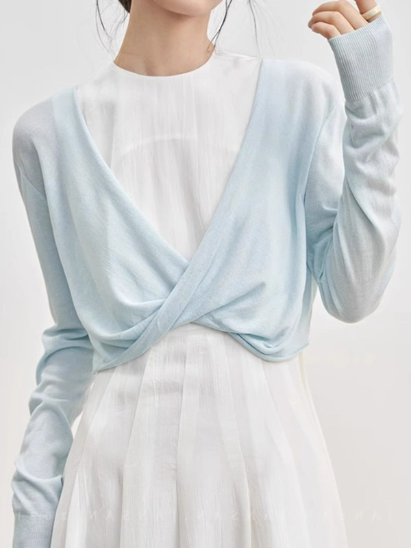 French-Style Cross-Knotted Ice Silk Knitted Sun Protection Blouse for Women, Summer Thin Design, Sheer Outerwear, Short Top