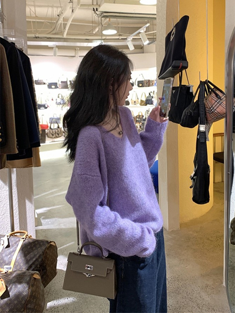 2025年秋冬新作 レイジーモヘアセーター レディース タロイモ パープル Vネック 厚手 ボトムス ニットセーター トップス