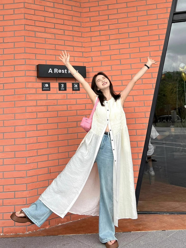 French-Style High-End Sleeveless Shirt Dress for Women, Summer Mid-Length Cardigan Dress, Unique Vest Long Dress