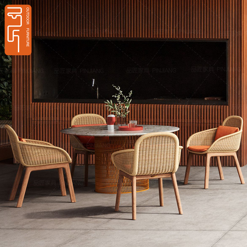 Outdoor rattan single rattan chair table and chair sofa three-piece combination waterproof and sunscreen solid wood homestay garden furniture