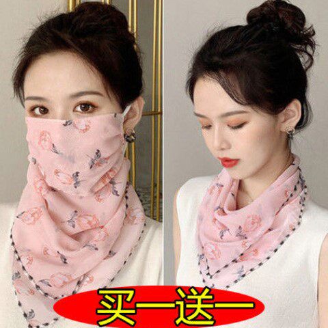 Autumn sunscreen mask women's neck veil anti-UV scarf thin chiffon breathable ear silk scarf summer and winter