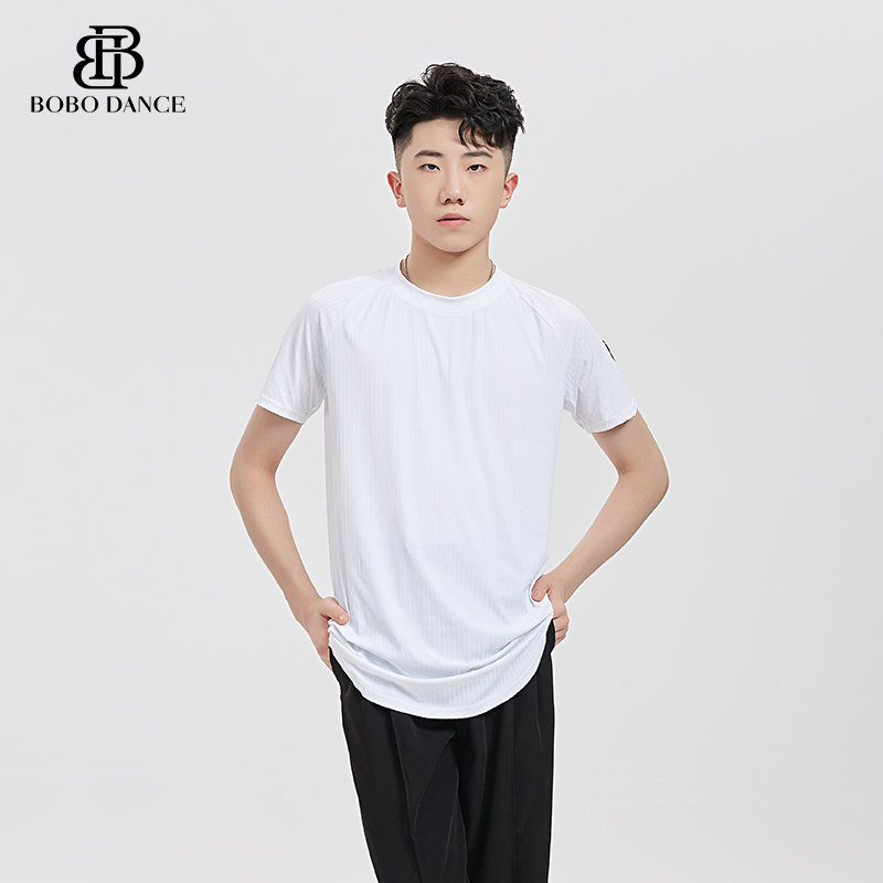 Bobo Boys' Latin Dance Clothing Round Neck Black and White T-Shirt Men's Ballroom Dance Professional Latin Practice Clothing Dance Top