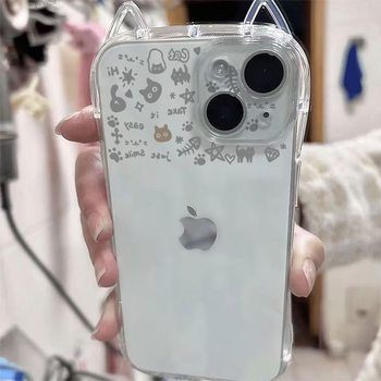 Transparent Cat Ears Cute Cat Doodle Suitable for Apple 17 Cat Ears Apple 17Pro Phone Case iPhone 15 Pro Max Simple Air Cushion