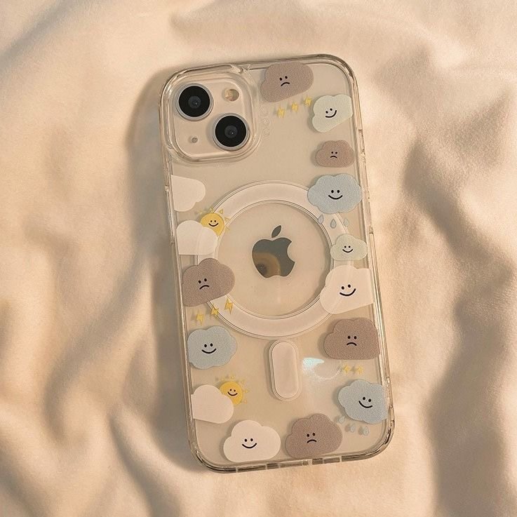 Cute Cloud Emoji Magnetic Case Suitable for Apple 17/14 Pro Max Phone Case, Transparent iPhone 13 New Model 16 Female 14 Pro Large Hole